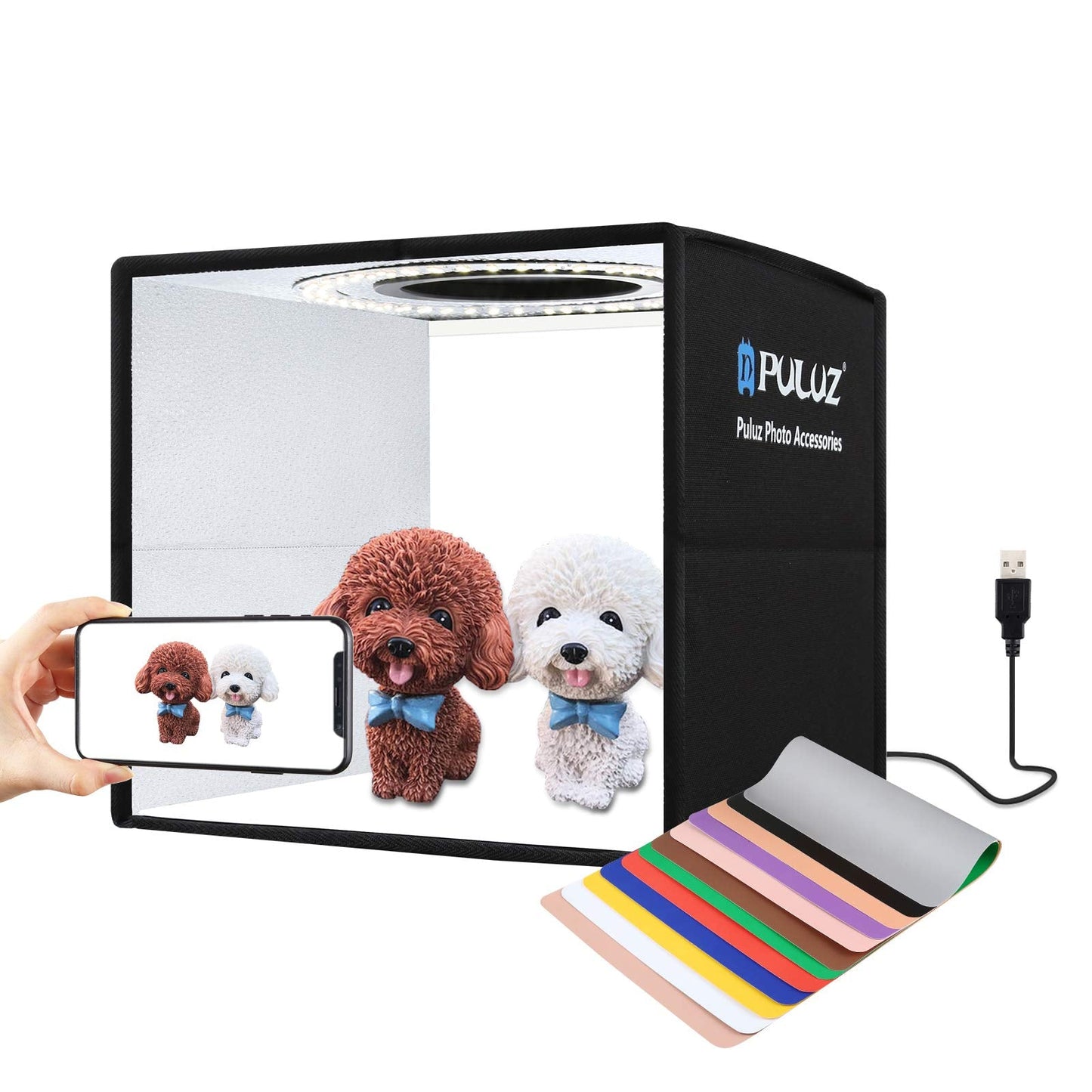 PULUZ 9.8"/25cm Foldable Portable Photo Studio Light Box, Adjustable Brightness Light Box Photography Lighting Shooting Tent Kit, with LED Lights and 12 Colors Backdrop