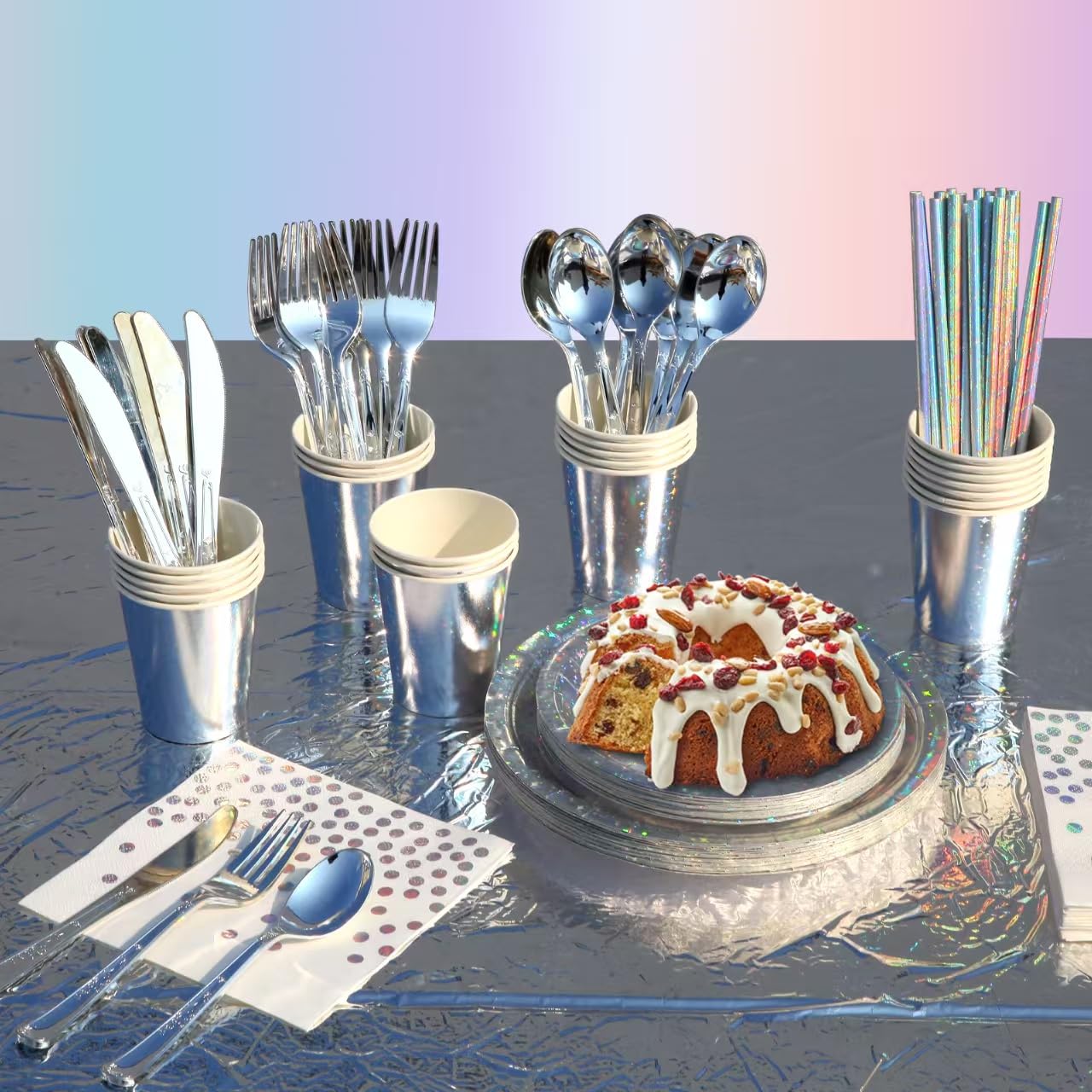 201-piece disposable party tableware set with paper plates, cups, napkins, straws, tablecloths, plastic knives, forks and spoons for a variety of party occasions for up to 25 people (Silver Star)