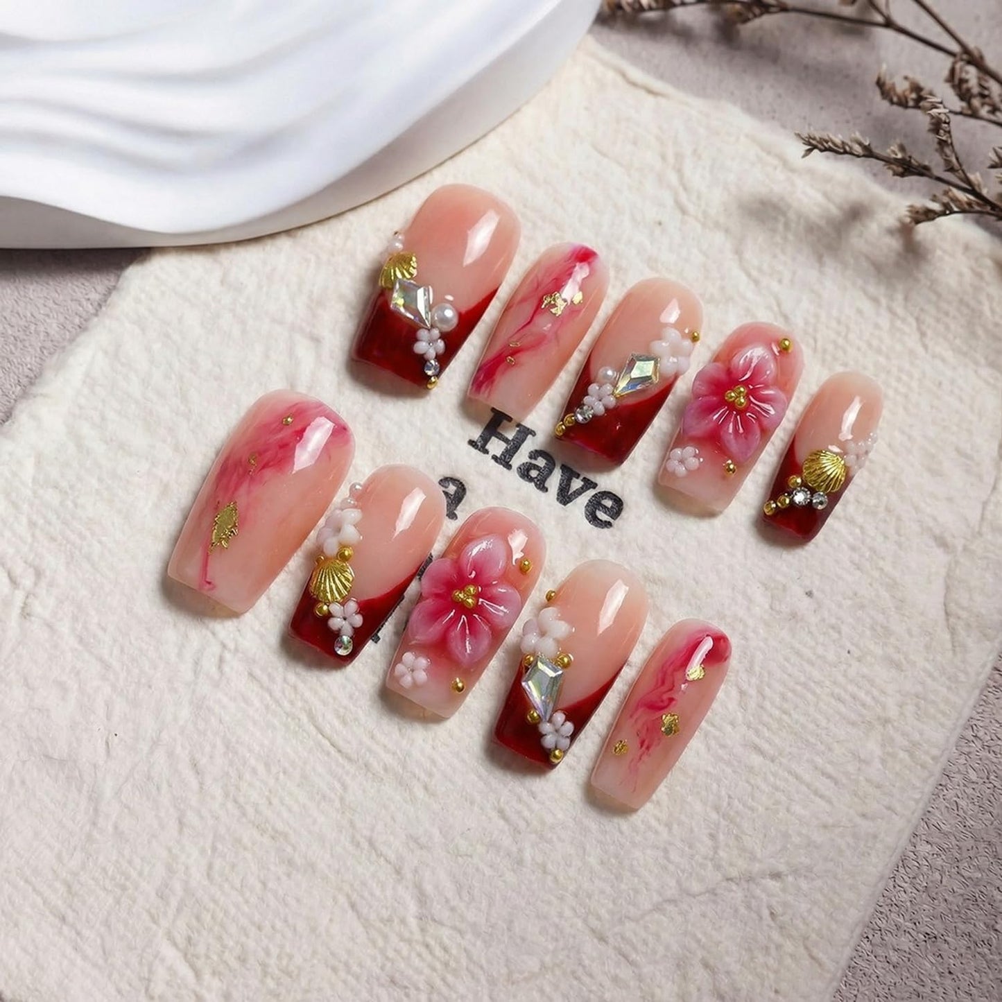 Luxury Press on Nails Medium Square Handmade 3D Unique Flower & Rhinestone Reusable Fake Nails Red French Tip False Nails with Shell Designs Glossy Thick Acrylic Nail for Women (S)