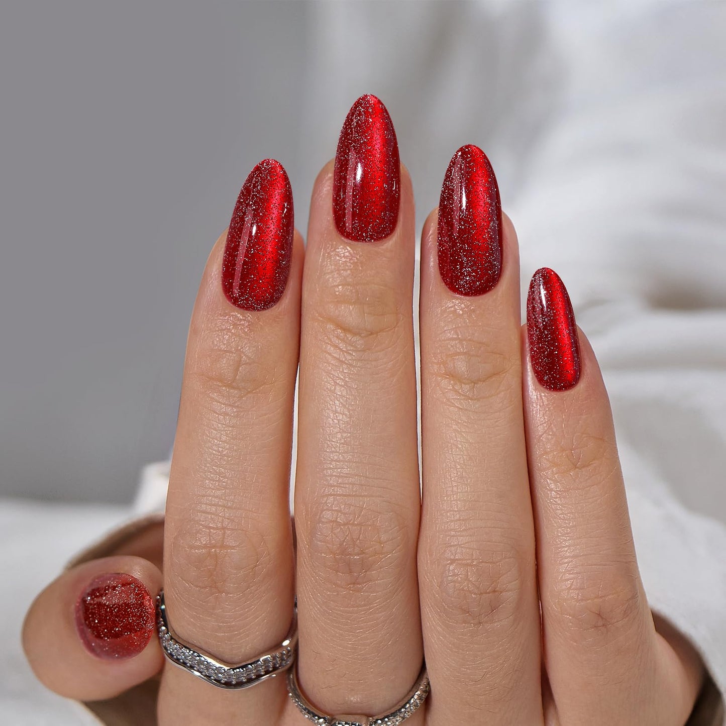 BTArtbox Press On Nails Almond - Deep Red Sparkly Stick on Nails for Christmas, Glossy Fake Nails Medium in 15 Size, Cardinal & Mystic Ruby
