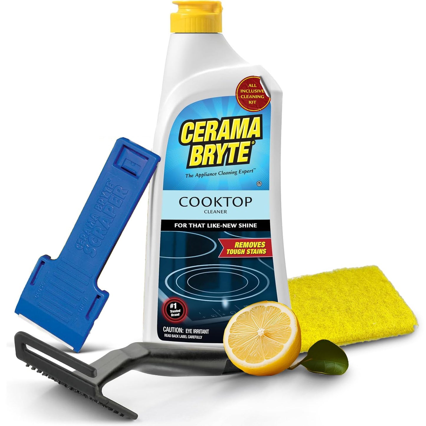 Cerama Bryte Glass Cooktop and Stove Top Cleaner Combo Kit - Includes Cleaning Tool, Razor, Scraper and 1 Pad to Remove Tough Stains - Use on Gas, Electric, Ceramic Surfaces, 18 Ounces, 4 Piece