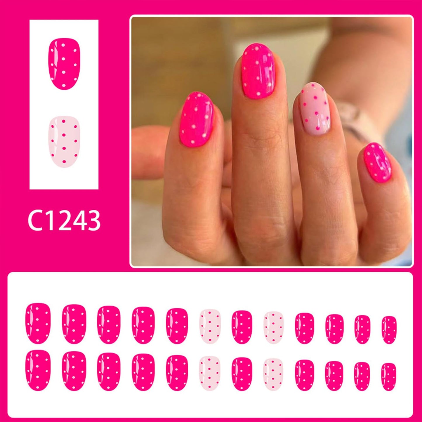 Polka Dot Press on Nails Short Oval Fake Nails with Pink Designs Short Nails Press ons Glossy Full Cover Pink Polka Dot Glue on Nails Reusable Artificial False Nails for Women Manicure