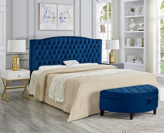 24KF Upholstered Button Tufted King Headboard and Velvet Fabric King/California King- Navy
