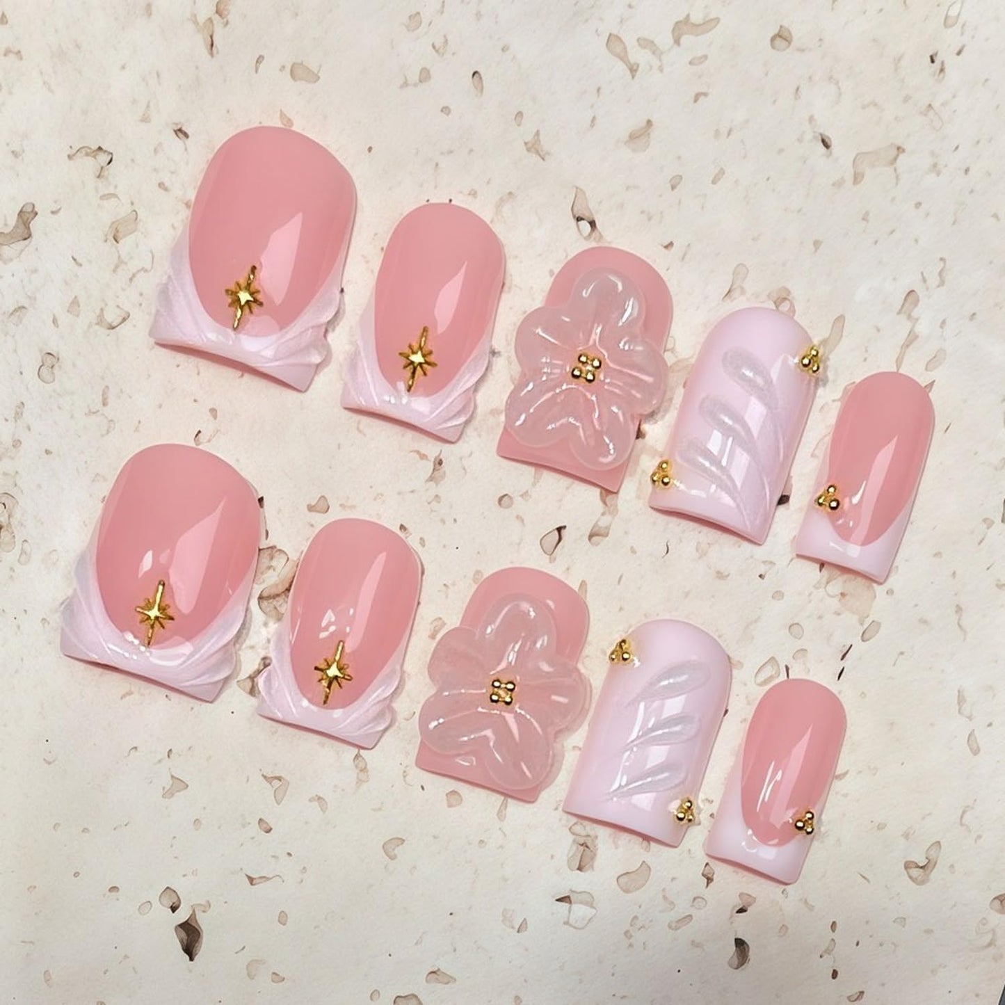 Pink Flower Press on Nails Handmade Press on Nails Short Duck Muti-Layer Gel Acrylic Nails with Design Thick White French Tip False Nail Full Cover Acrylic Stick on Nail for Women (M)