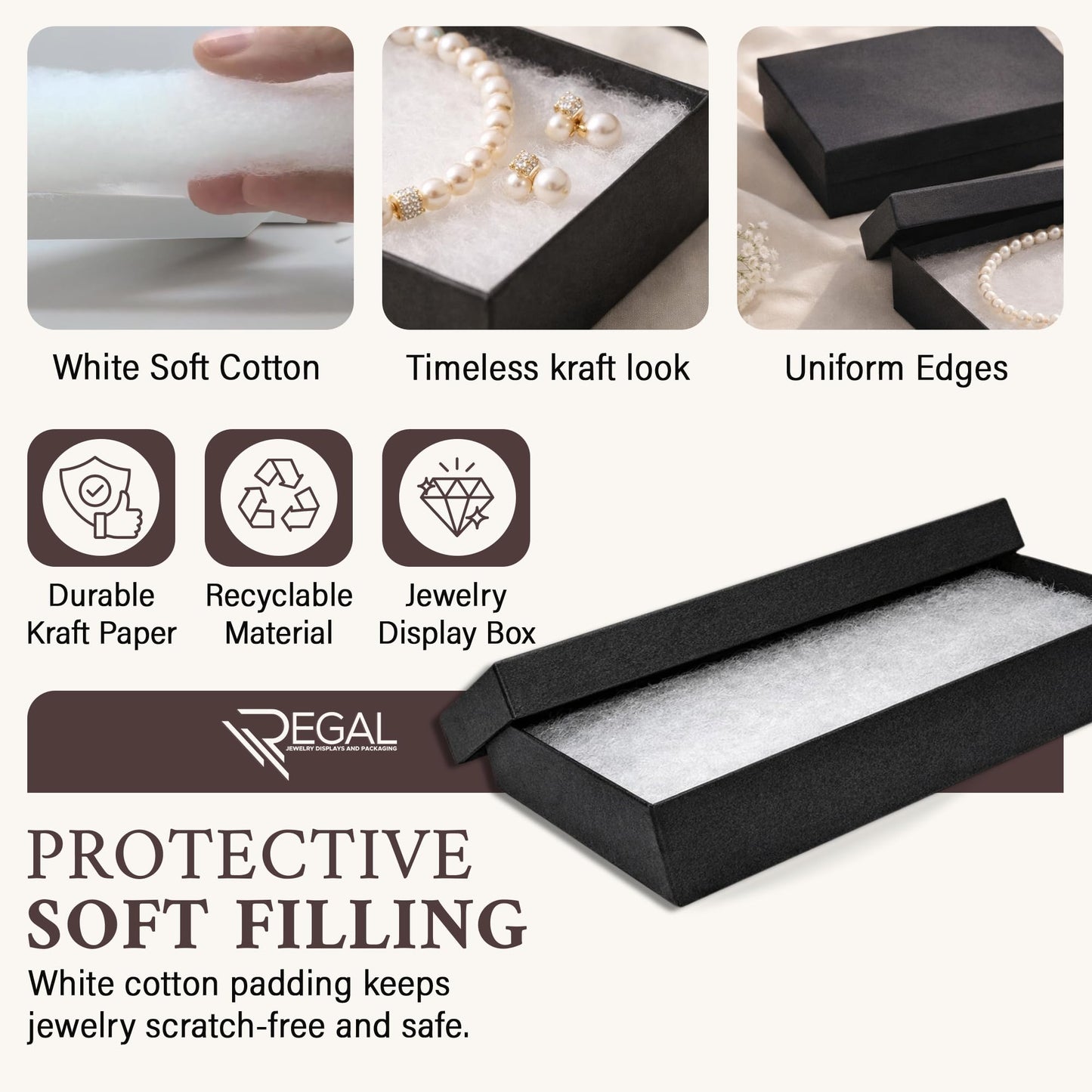 RJ Displays 6 Pack Jewelry Gift Boxes 5.25 x 3.75 x 1 Inch Black Matte Cotton Filled Cardboard Box with Lid, Small Jewelry Packaging for Necklace Bracelet Earrings Bulk Gift Boxes