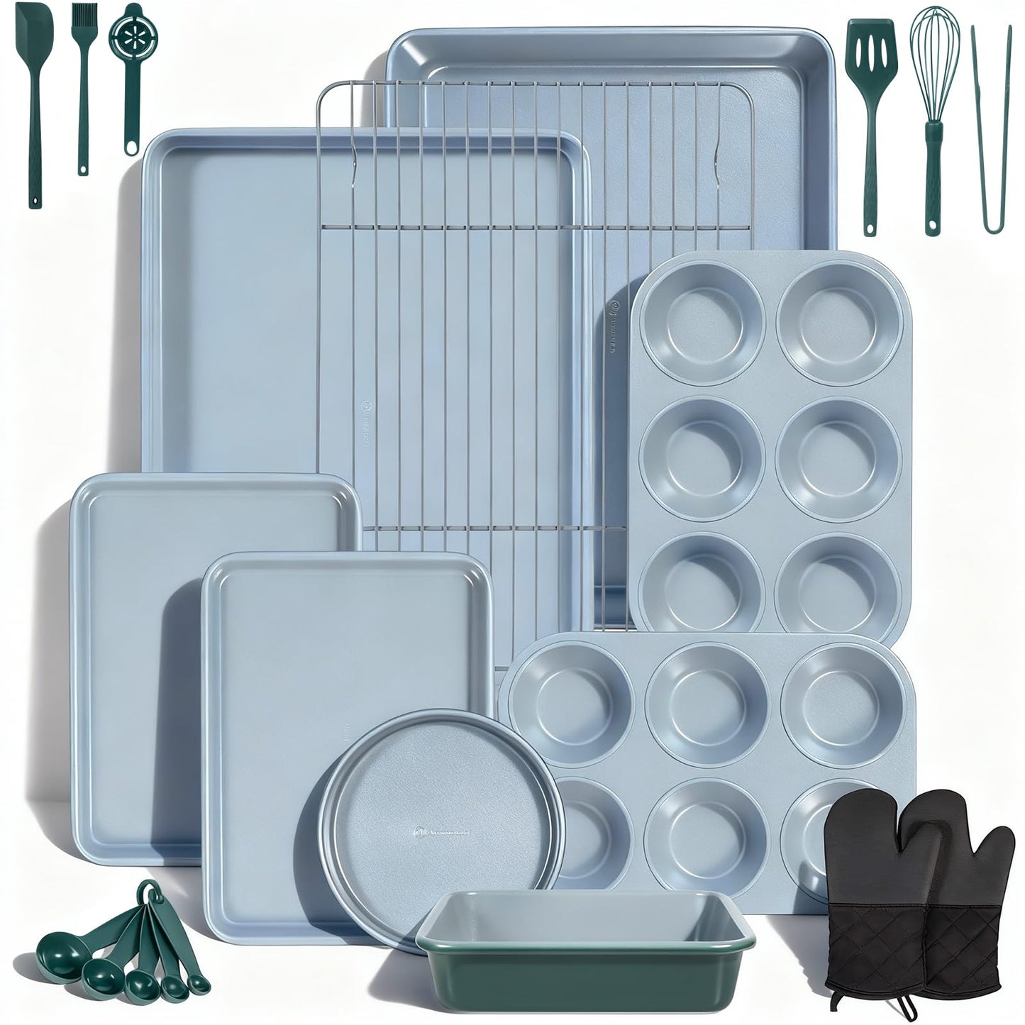 Ammeloo 22-Piece Baking Pans Set Stackable Bakeware Non Stick Baking Set Non Toxic Oven Pans, Including Roasting Pan, Cookie Sheets, Muffin Pans, Cake Pans, Oven Mitt and Utensils(Gray & Hunter Green)