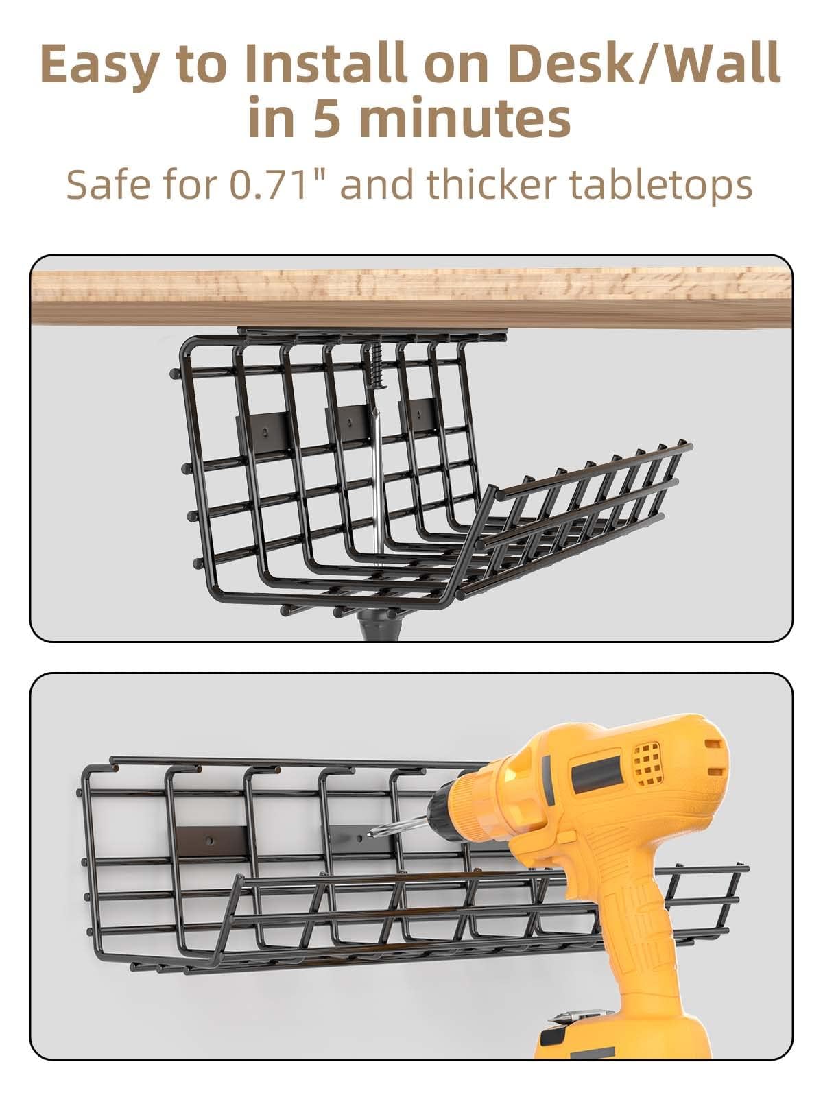 2 Pack DELAMU Under Desk Cable Management Tray, Large Metal Cord Organizer, Office & Home Cord Wire Management Under Desk Shelf, Easy Install Pre-drilled Cable Organizer, Black