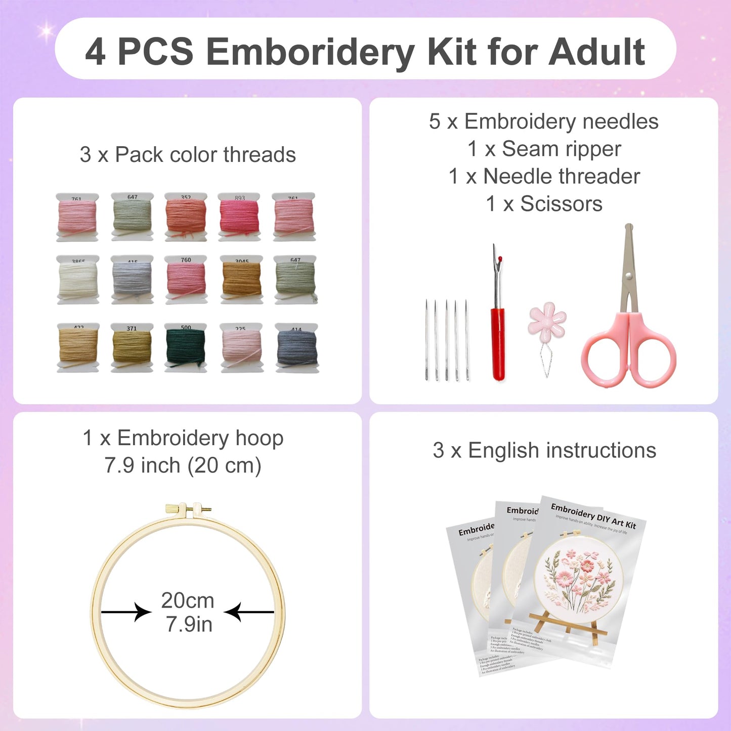 Huacan Embroidery Kit for Adults Beginner - Embroidery Kits for Adults Beginner 3 Pcs Stamped Heart Pattern, Hand Stitching Kit Art Craft, DIY Sewing Kit with Box 7.9 x 7.9 Inch