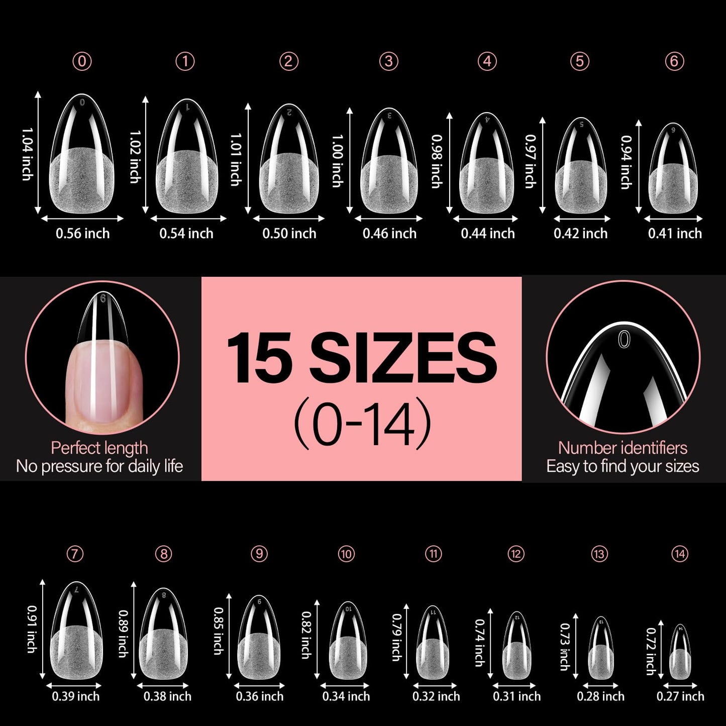 AILLSA Medium Almond Shaped Nail Tips - 15 Sizes 240pcs Acrylic Nails Tip Full Cover Half Matte Nails Tips Press on Nails for DIY Home Salon