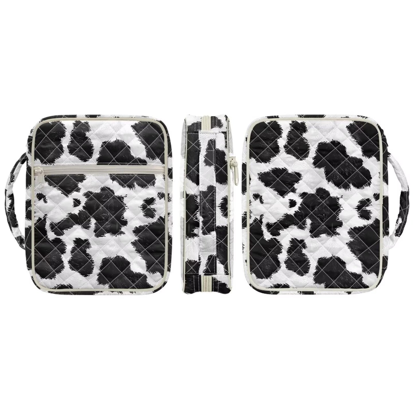 NETILGEN Black and White Cow Print Quilted Bible Carrying Case for Women Bible Cover with Handle Scripture Study Supplies Accessories Christian Gifts