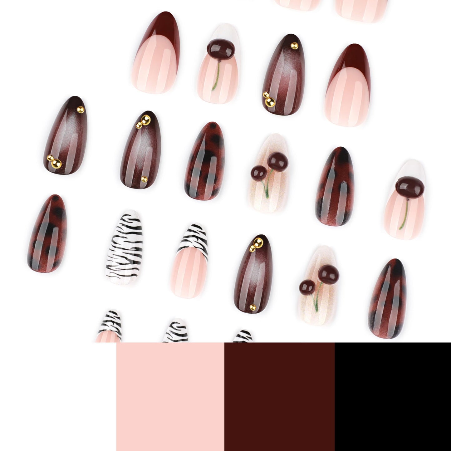 Almond Press on Nails Medium Fake Nails Brown Acrylic Nail Press ons Seeneey Cherry and Gold Charm Designs Tortoise Shell Stick on Nail for Women 24pcs