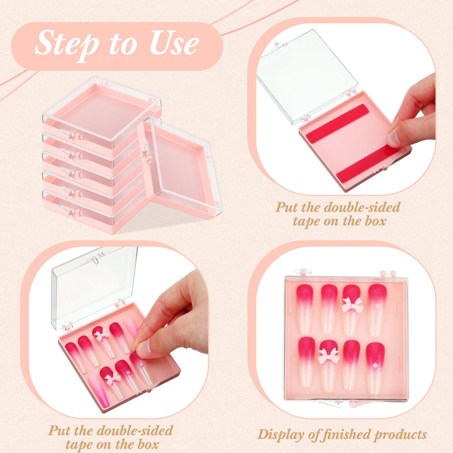 Landhoow 15 Pcs Press On Nail Boxes Nail Display Case with 30 Adhesive Tape, Artificial Press On Nail Container, Acrylic Storage Organizer(Clear, Black, Pink)