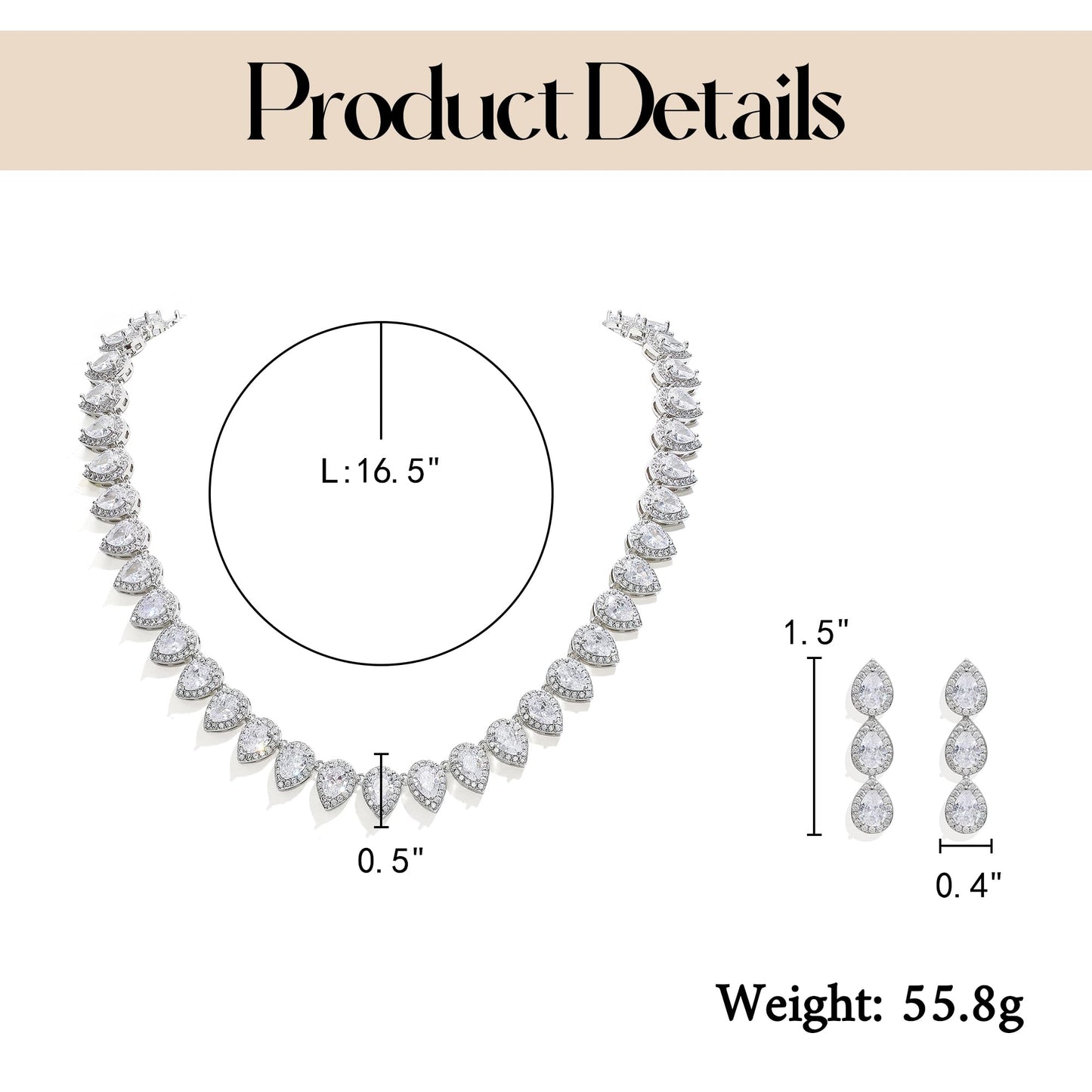 EleQueen Women's Wedding Bridal Full Prong Cubic Zirconia Teardrop Necklace Earrings Set for Brides Bridesmaids Clear Color