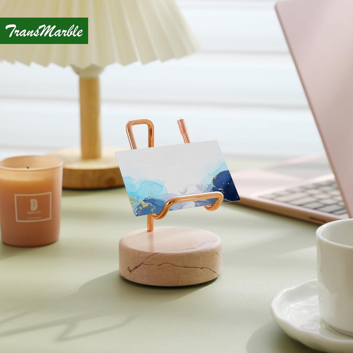 Marble Phone Stand with Metal Holder, Charging Available While Using, Swipe Up to Unlock, Made of Natural Marble as Business Card Holder for Office Desk (Rose Pink + Rose Gold)