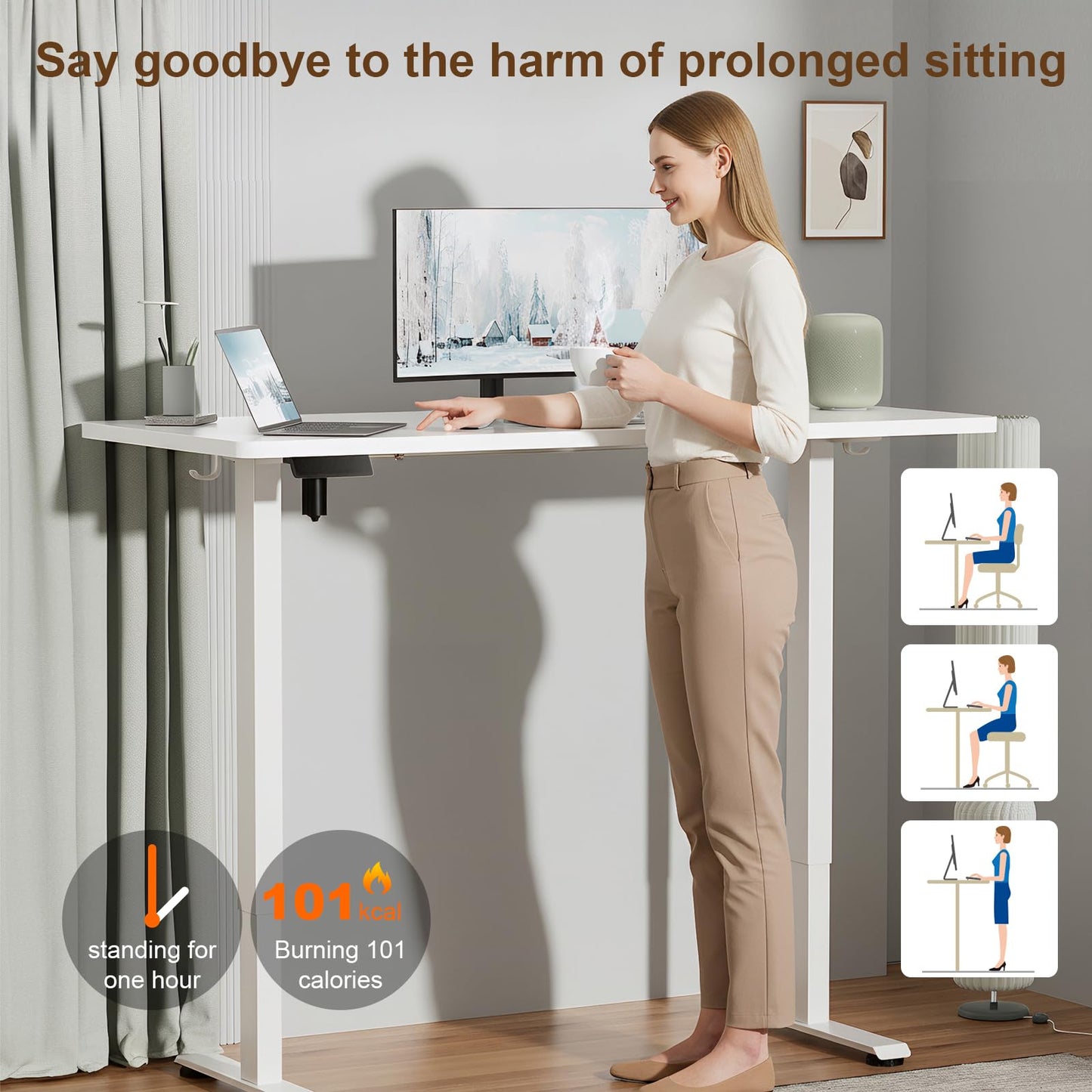 Veken 55 Inch Large Electric Standing Desk,Sit to Stand Up, Heights Adjustable, Work Home Office Computer Table for Study, Walking Pad, Writing, and Games, Wooden Desktop Desks, White