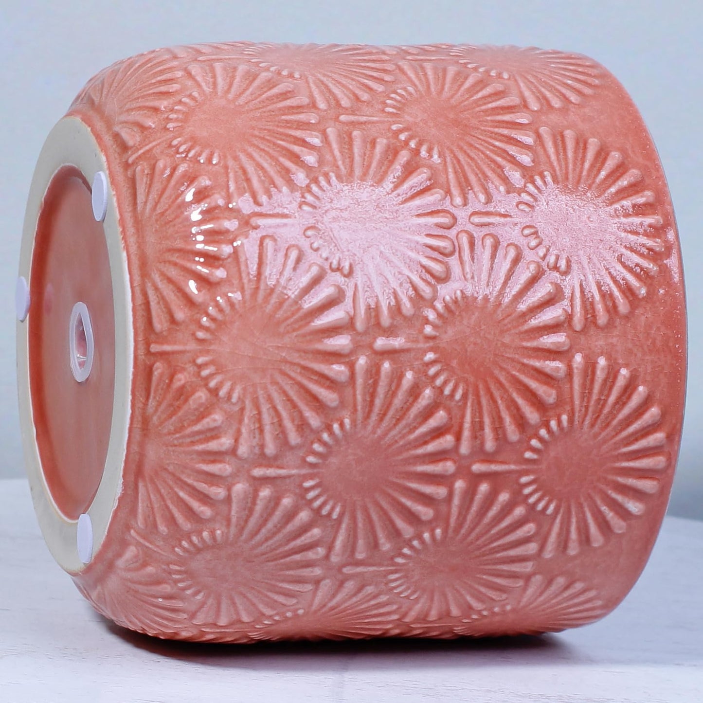 Xiaan Jiaju Boho Embossed Ceramic Flower Pot, 6.7 Inch Modern Planter Pots for Indoor Plants, Bohemian Chic Decorative Glazed Plant Pot with Fanburst Pattern, Coral Blush