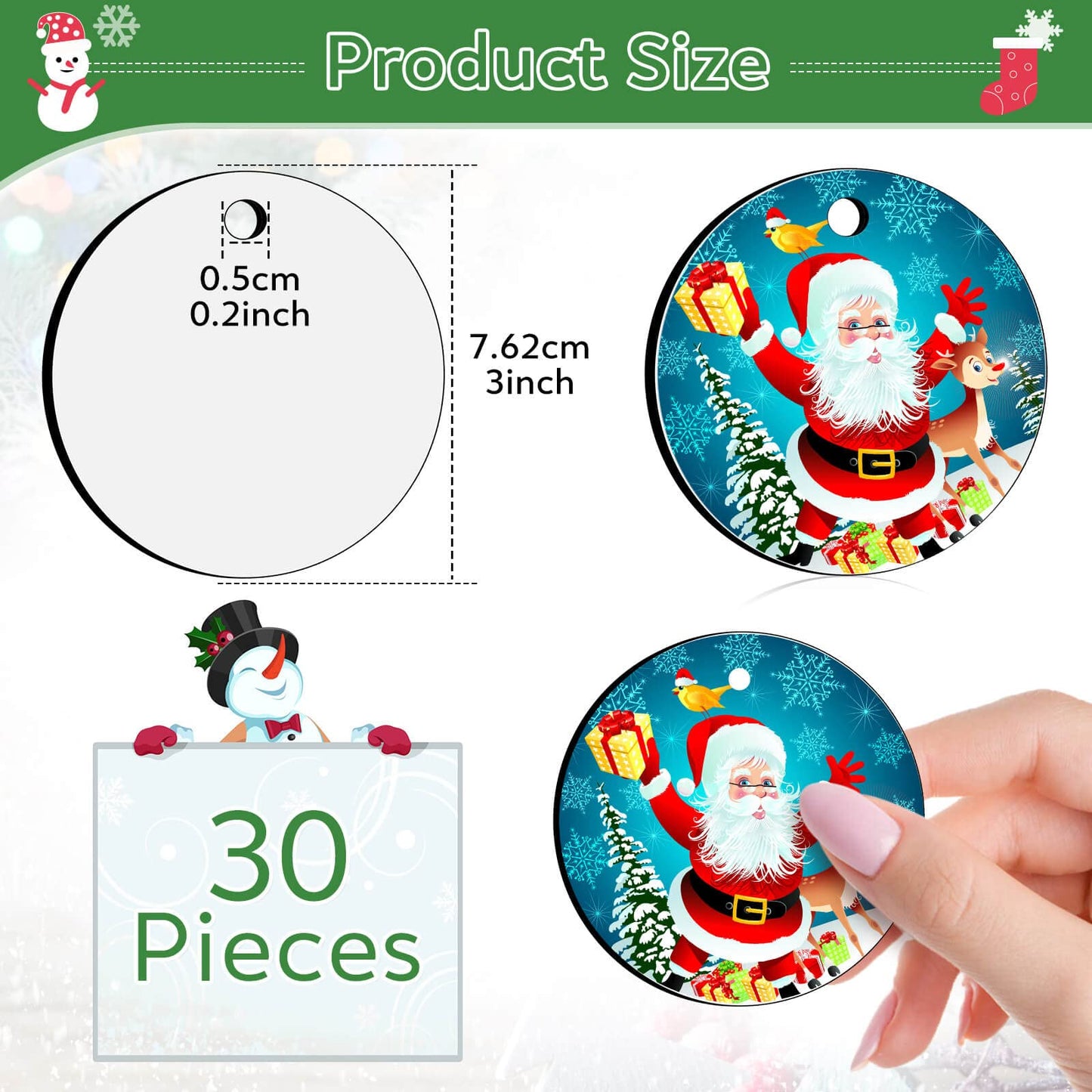 Billbotk 3" Sublimation Ornament Blanks, 30 Pieces Round Blank Sublimation Ornaments for Christmas Tree Décor, DIY Handmade Crafts(3 inches)
