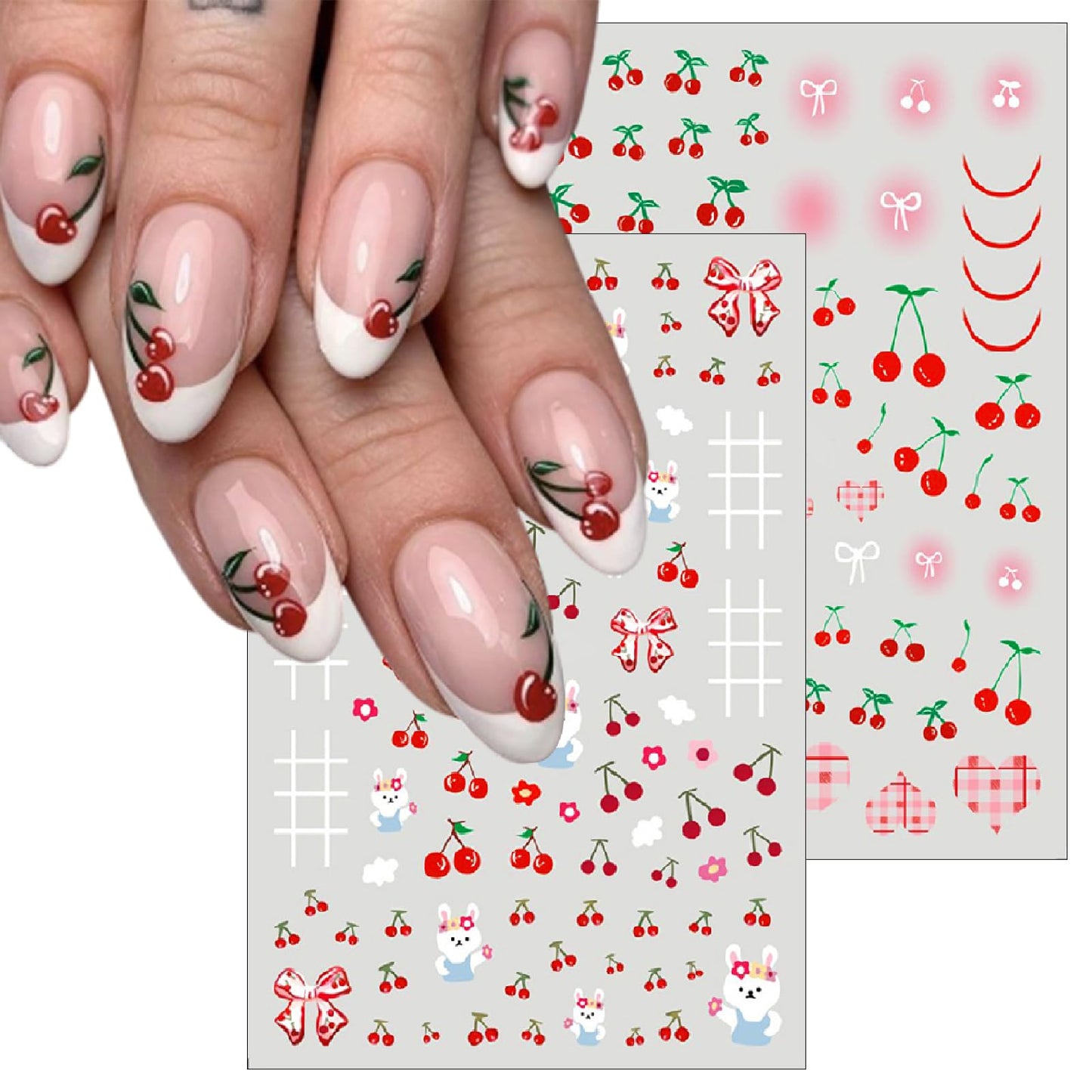 6 Sheets Summer Cherry Nail Art Stickers Cute Bunny Bowknot 3D Fruit Cherry Strawberry Design Suitable for Women and Girls Acrylic Nail Art Decoration