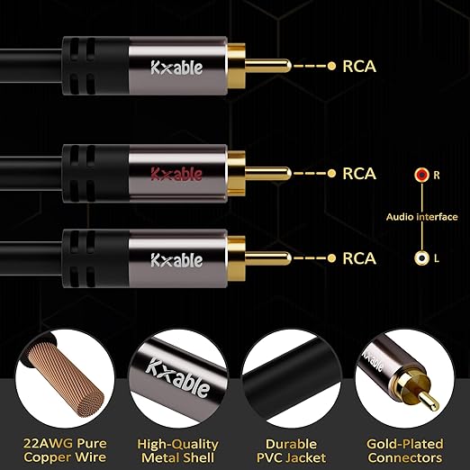 Kxable RCA Y-Adapter Splitter Cable 100 Feet, 1 RCA Male to 2 RCA Male Stereo Audio Subwoofer Cable, Bi-Directional, for Home Theater, Hi-Fi System, Amplifier, Speaker, 24K Gold Plated, OD:5.0MM