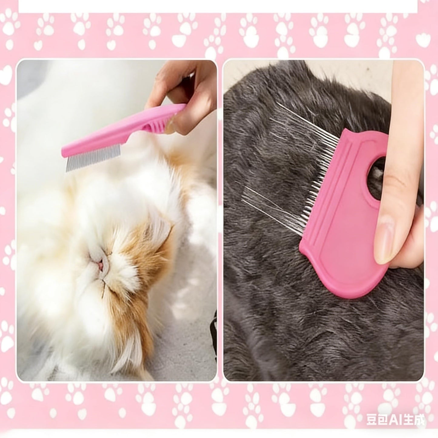 OUTMX Cat grooming set, pink-blue color, 7-piece set, including a massage brush, nail clippers, a comb, a flea comb, a toothbrush, and a nail file, suitable for cats and small pets (pink)