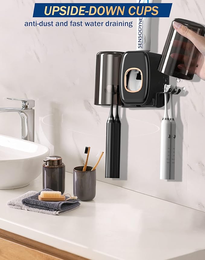 Toothpaste Dispenser Wall Mount with Toothbrush Holder, WAYCOM AutomaticToothpaste Squeezer 2 Cups Toothbrush Holder for Bathroom Accessories Tooth Brushing Holder Organizer and Storage