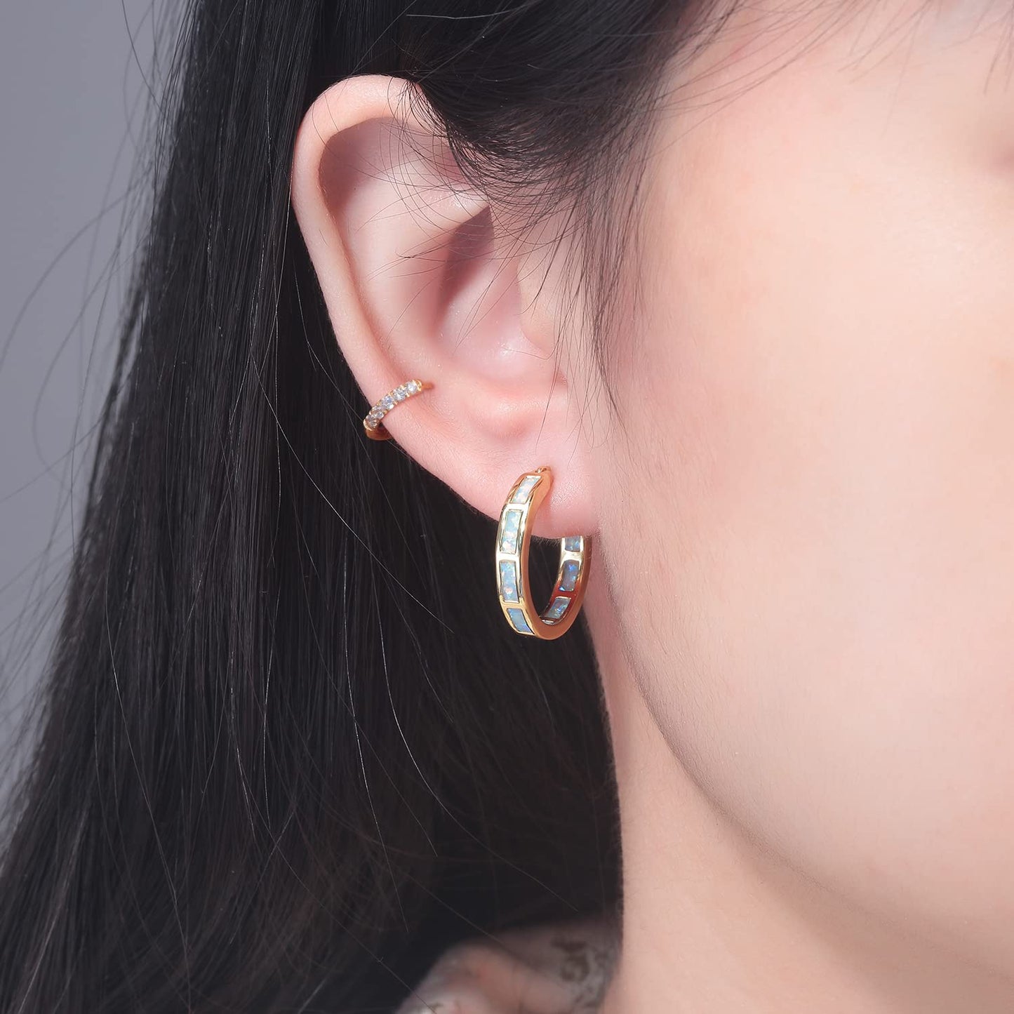 CiNily 2 Pairs Hoop Earring Set for Women Yellow Plated Opal Small Hoop Earring Hypoallergenic Cubic Zirconia Tiny Earrings