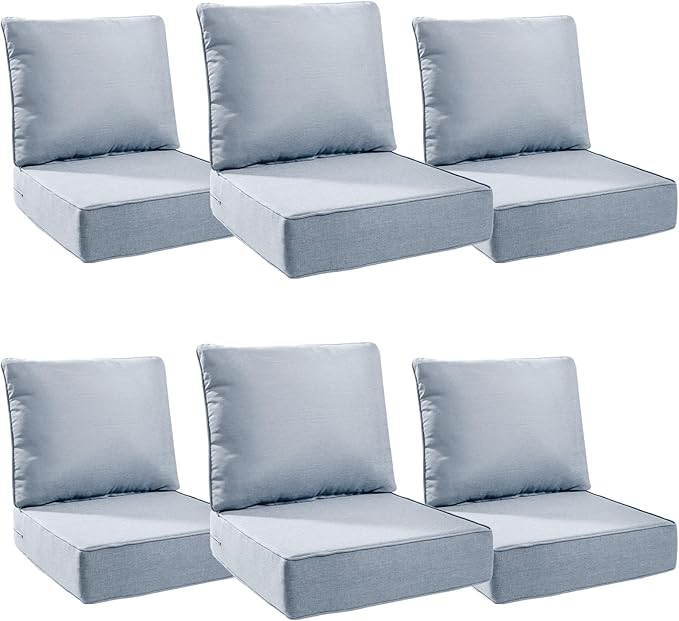 Luxury 6" Outdoor Cushions for Patio Furniture, 24x24x6" Thick Seat Cushion Set of 6, Fade Resistant Couch Chair Replacement Cushions High Density Wicker Chair Cushion w/ Removable Cover Baby Blue