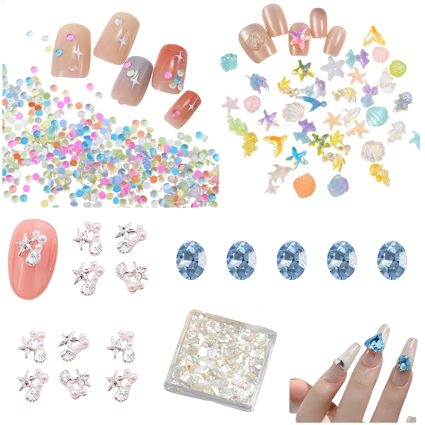 Press On Nail Sizing Card +Ocean Nail Charms Gem Kit Bundle