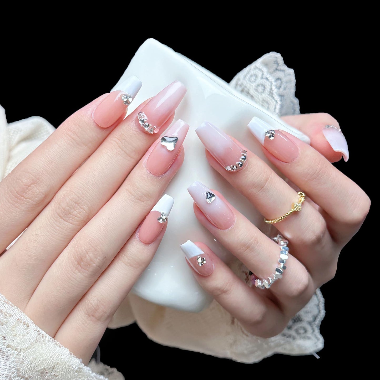 Handmade Press On Nails impress French Fake Nails Medium Square Coffin 3D White and Pink Crystal Manicure False press ons Nail Artificial (M size)