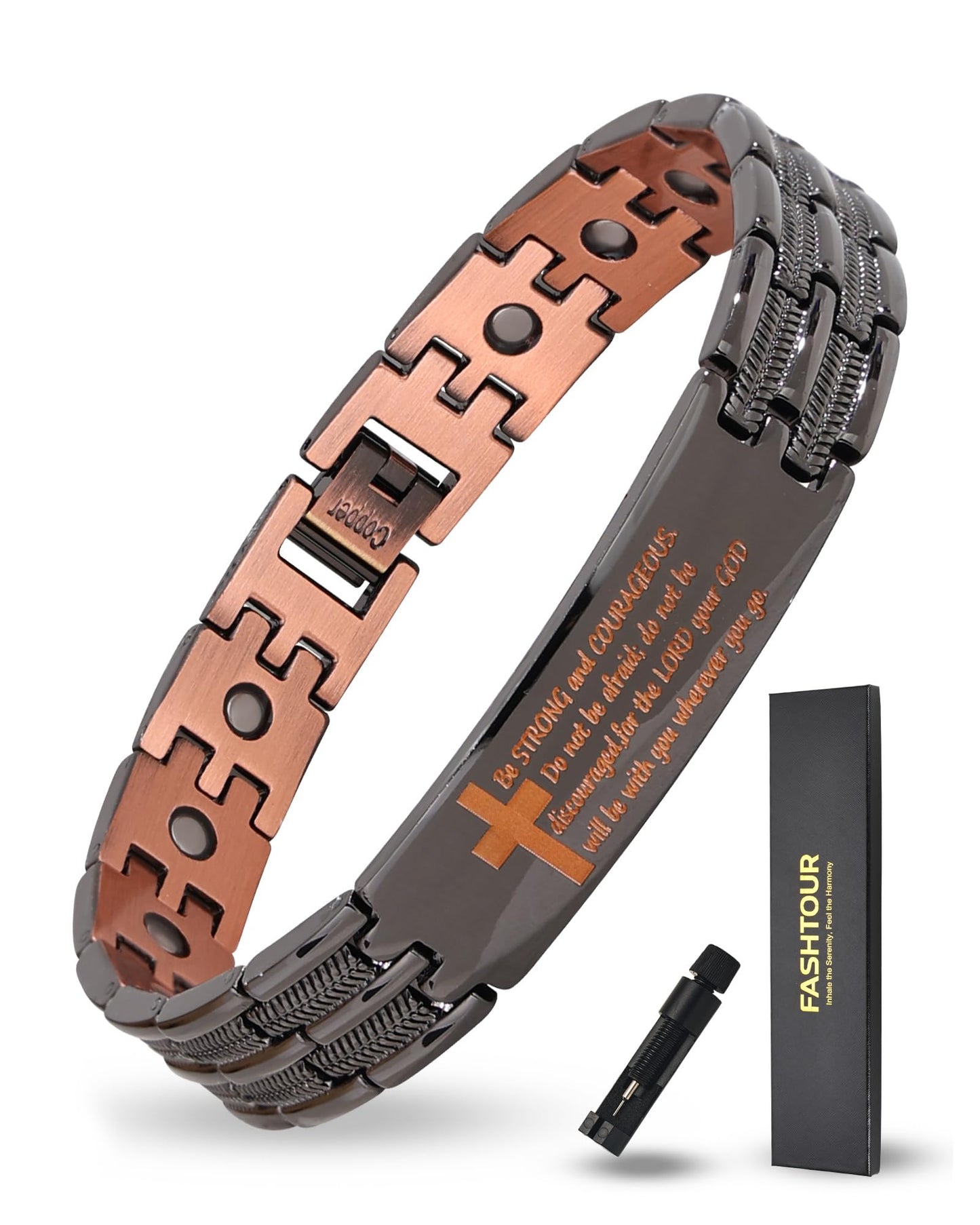 Fashtour Copper Cross Bracelet for Men, Ultra Strength Magnetic Jewelry, Rice-Ear Design Adjustable Copper Biblical Cross Bracelet with Sizing Tool & Box (Black-Joshua 1:9)