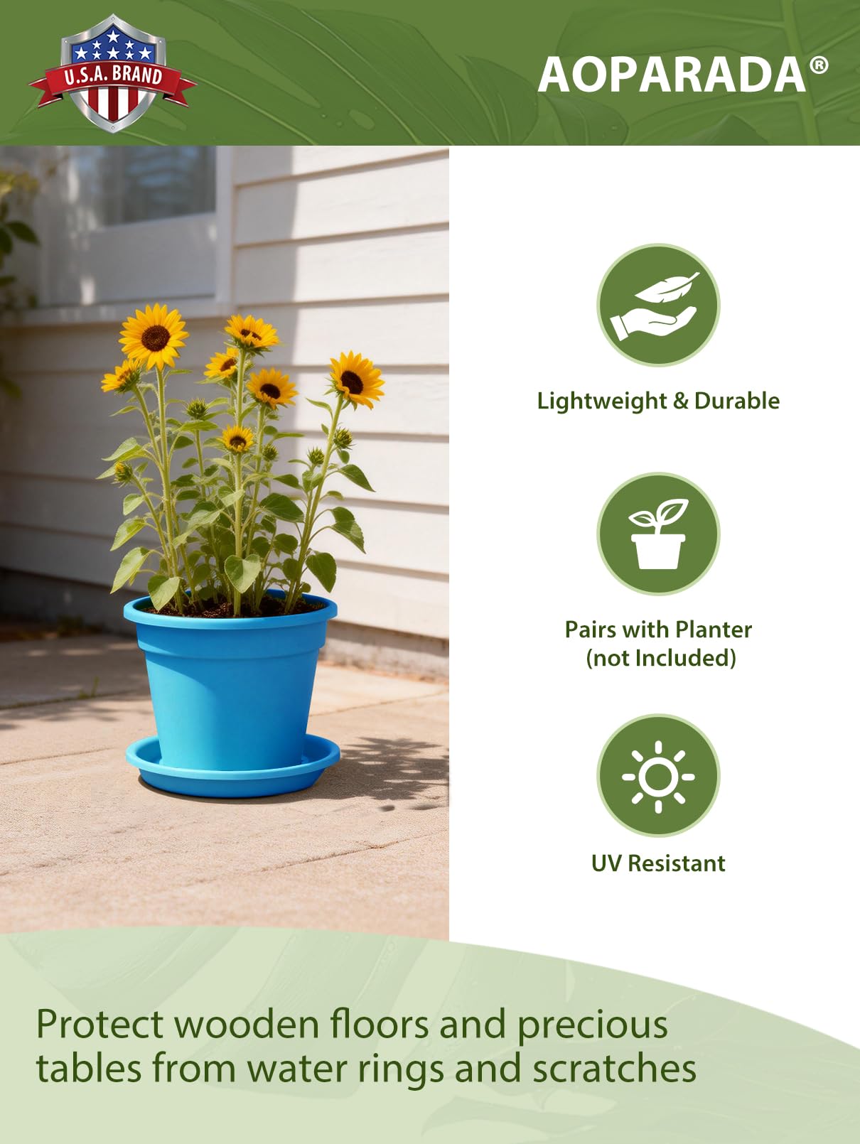 Aoparada® 10 Inch Plant Saucers (4-Pack) - Tulip-Design Leak-Proof Trays for Small Pots - Protect Surfaces & Nurture Plants - Heavy-Duty for Indoor/Outdoor(Blue)