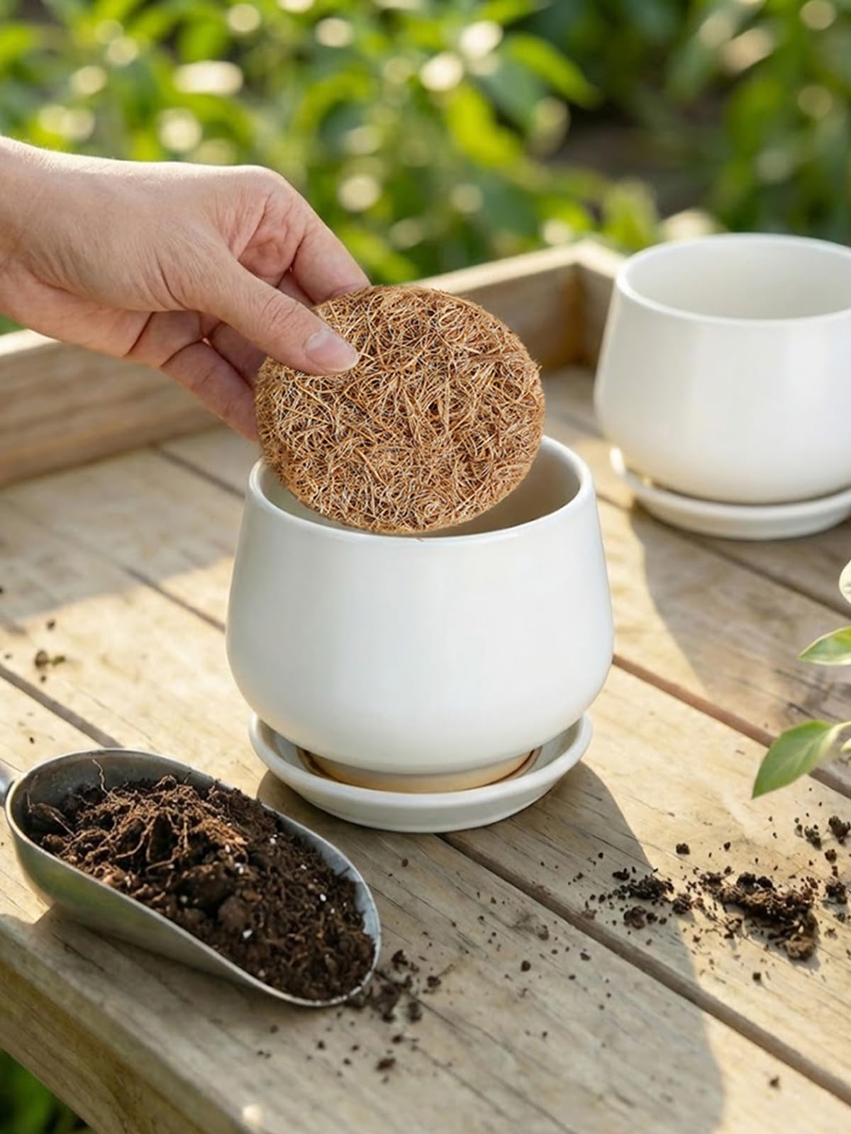 LE TAUCI Ceramic Planter with Coconut Fiber Drainage Mesh Pad, Keeps Soil in Place and Improves Drainage for Indoor Plants