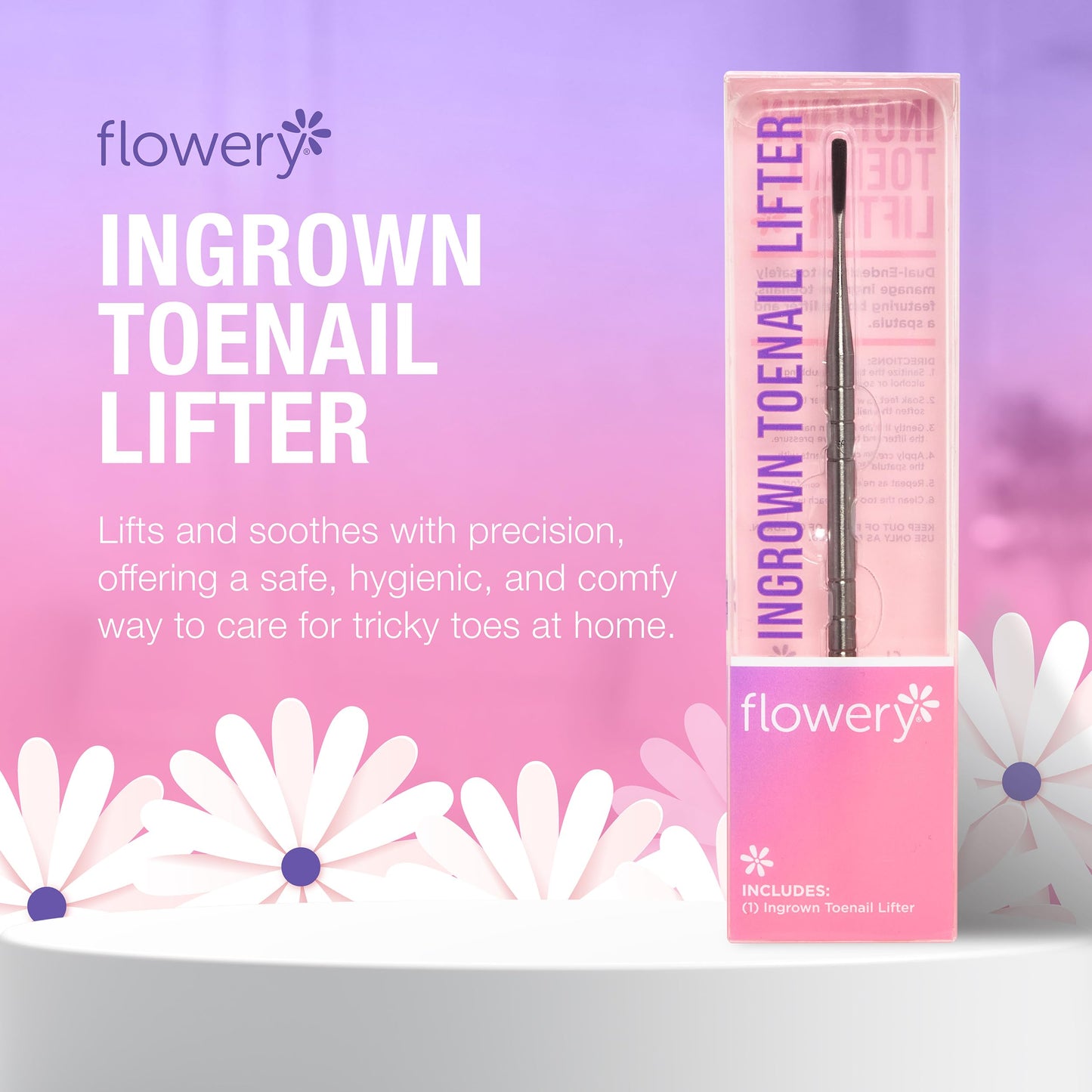 Flowery Ingrown Toenail Lifter - Stainless Steel Ingrown Toenail Tool, Dual-Ended Design with Lifter & Spatula, Nail Cleaner, Pedicure Tool