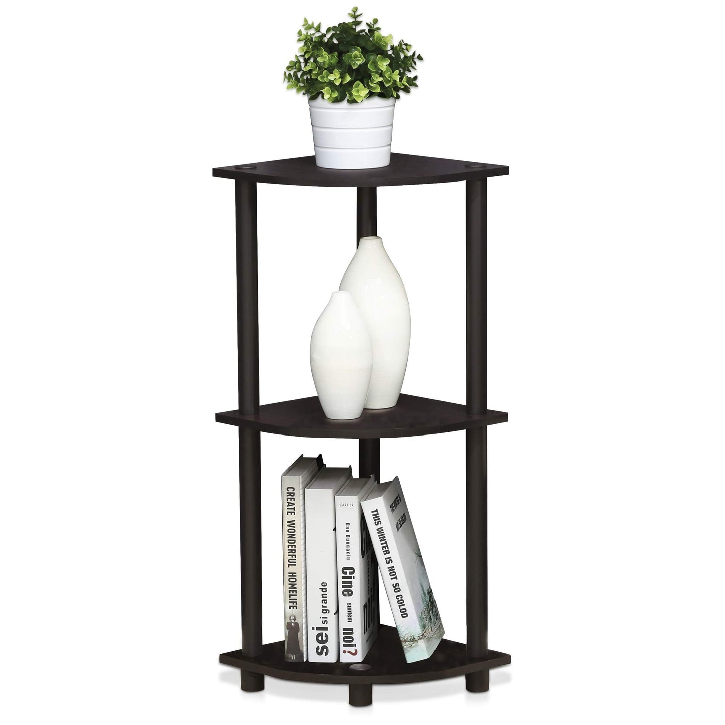 Furinno TURN-N-TUBE Corner Shelf, 3-Tier Corner Bookshelf, Display Storage Shelves with Open Shelves, for Organization and Storage, Living Room, Home Office, Garage, Dark Walnut
