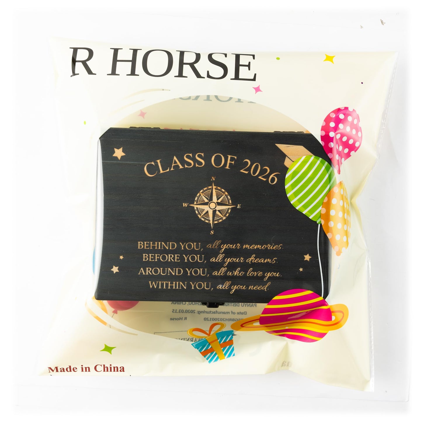 R HORSE Graduation Keepsake Wood Box, Wooden Engraving Memory Box for High School Graduates, Engraved Class of 2026 Graduation Gift for Him Her Memory Storage & Party Favor