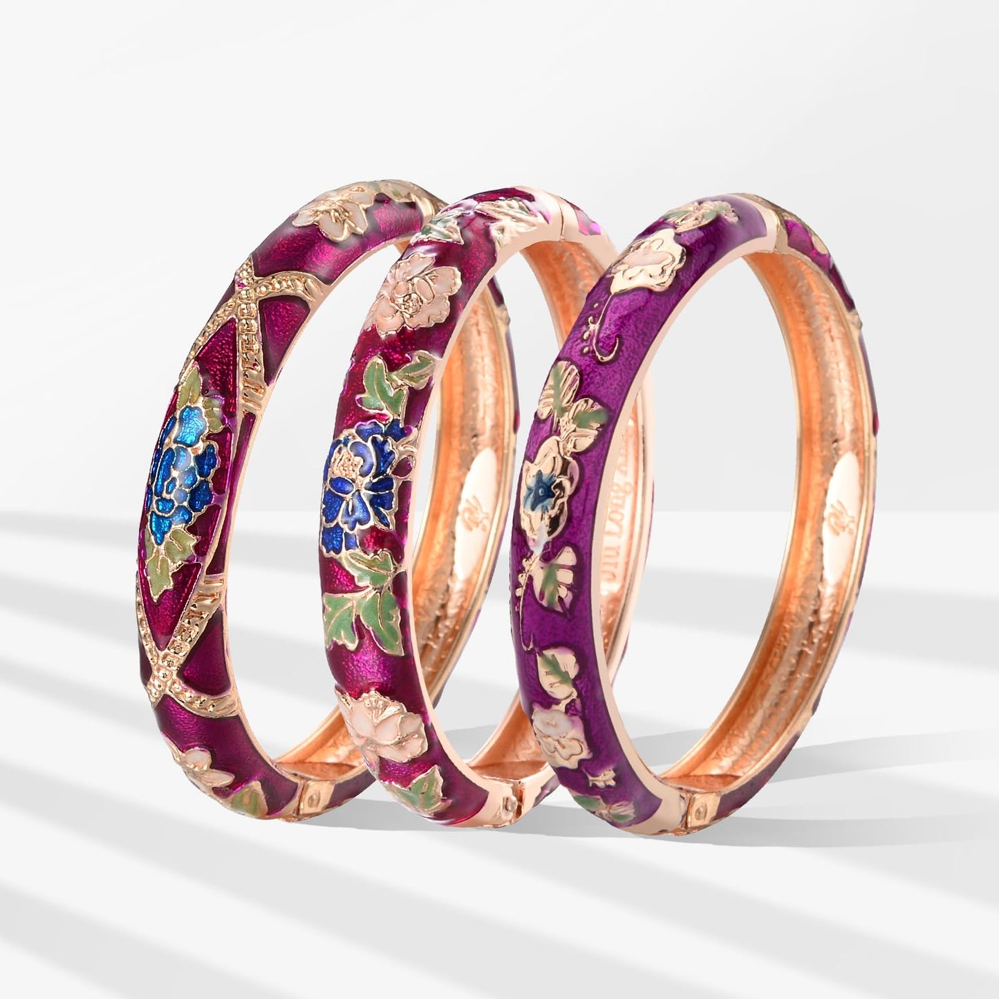 UJOY Womens Multi-Colors Cloisonne Bracelet Gold Plated Flower Enameled Hinged Cuff Bangles Jewelry Gift 55A-3PCS Purple