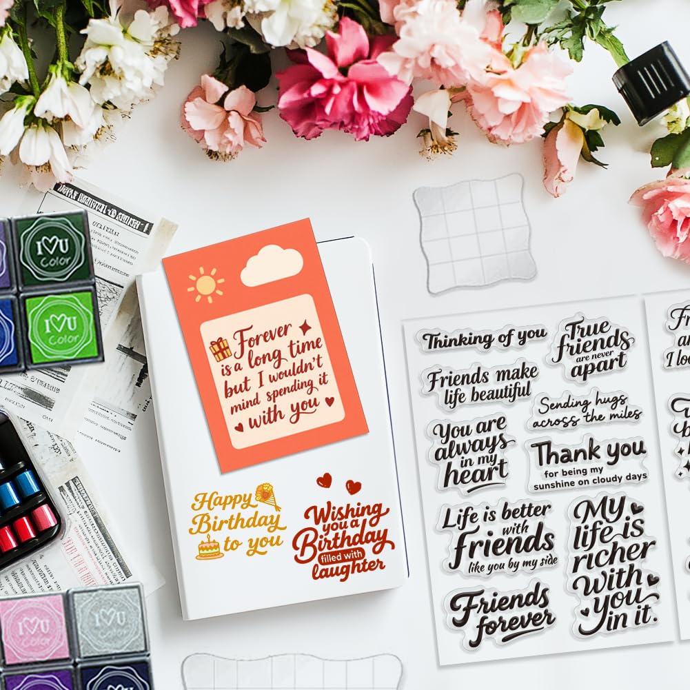 GLASSWINDS 6 Pcs Greeting Words Clear Stamps for Card Making Supplies 20 Ink Pad 3 Acrylic Stamp Block Silicone Stamp with Holiday Bless Happy Birthday Stamps for Crafting DIY Scrapbooking Journal
