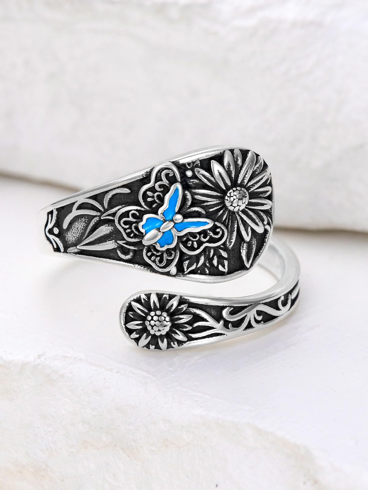 Midari Butterfly Sunflower Spoon Rings 925 Sterling Silver Butterfly Ring Sunflower Ring for Women Adjustable Thumb Spoon Ring Vintage Finger Open Spoon Rings for Women Daughters
