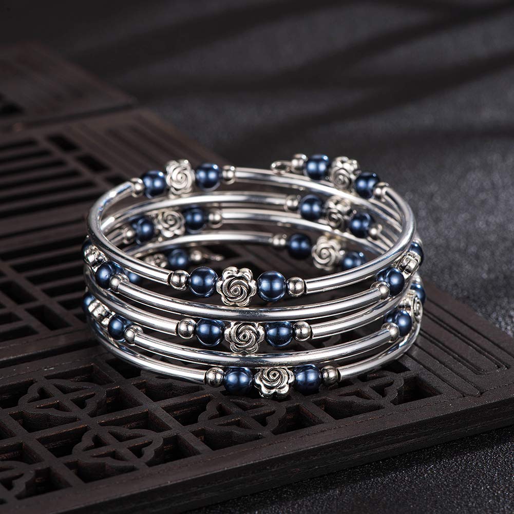 BULINLIN Wrap Bangle Rose Bead Bracelet - Beaded Bracelet with Natural Agate Stone Gifts For Women(01-Navy blue pearl)