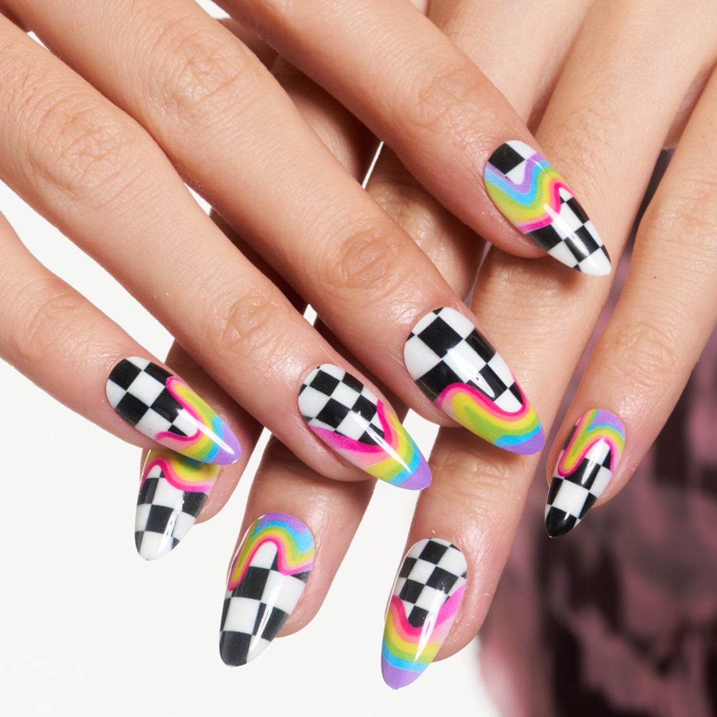 GLAMERMAID Rainbow Press on Nails Medium Almond, Y2K Rainbow Crush Gel Glue on Nail with Checkerboard Color, Glossy Short Stiletto Reusable Fake Nails, Acrylic False Nails Manicure Kit for Women