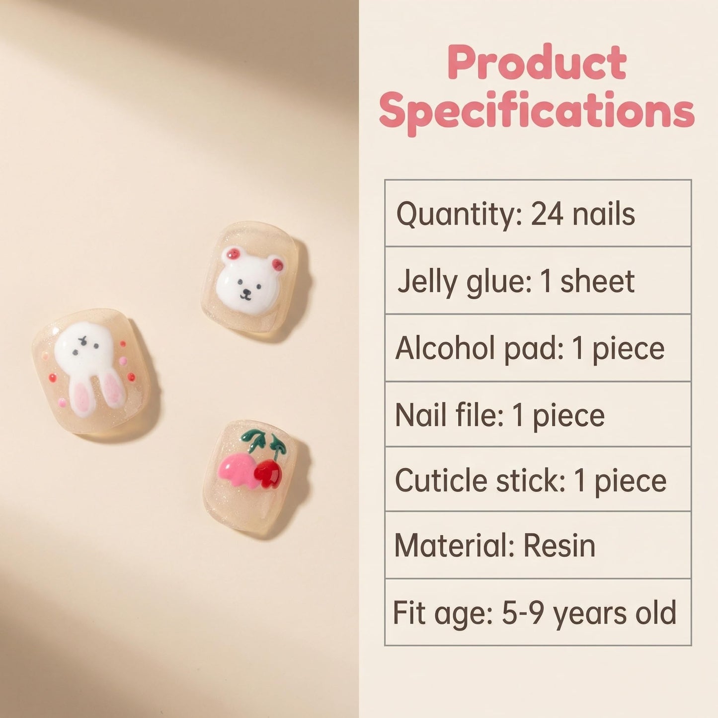 Kids Press On Nails, Everyday Cute Design, All Kids Love Fake Nails for Girls, Soft Glitter Look, 24pcs