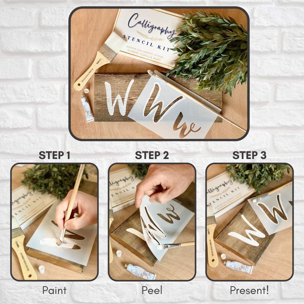 Boutique Calligraphy Stencil Template Kit | 45 Reusable Pieces | Lettering Upper, Lowercase, Large & Small | Numbers, Punctuation, Laurels and Flowers - For Arts Crafts Painting Wood (Calligraphy Kit)