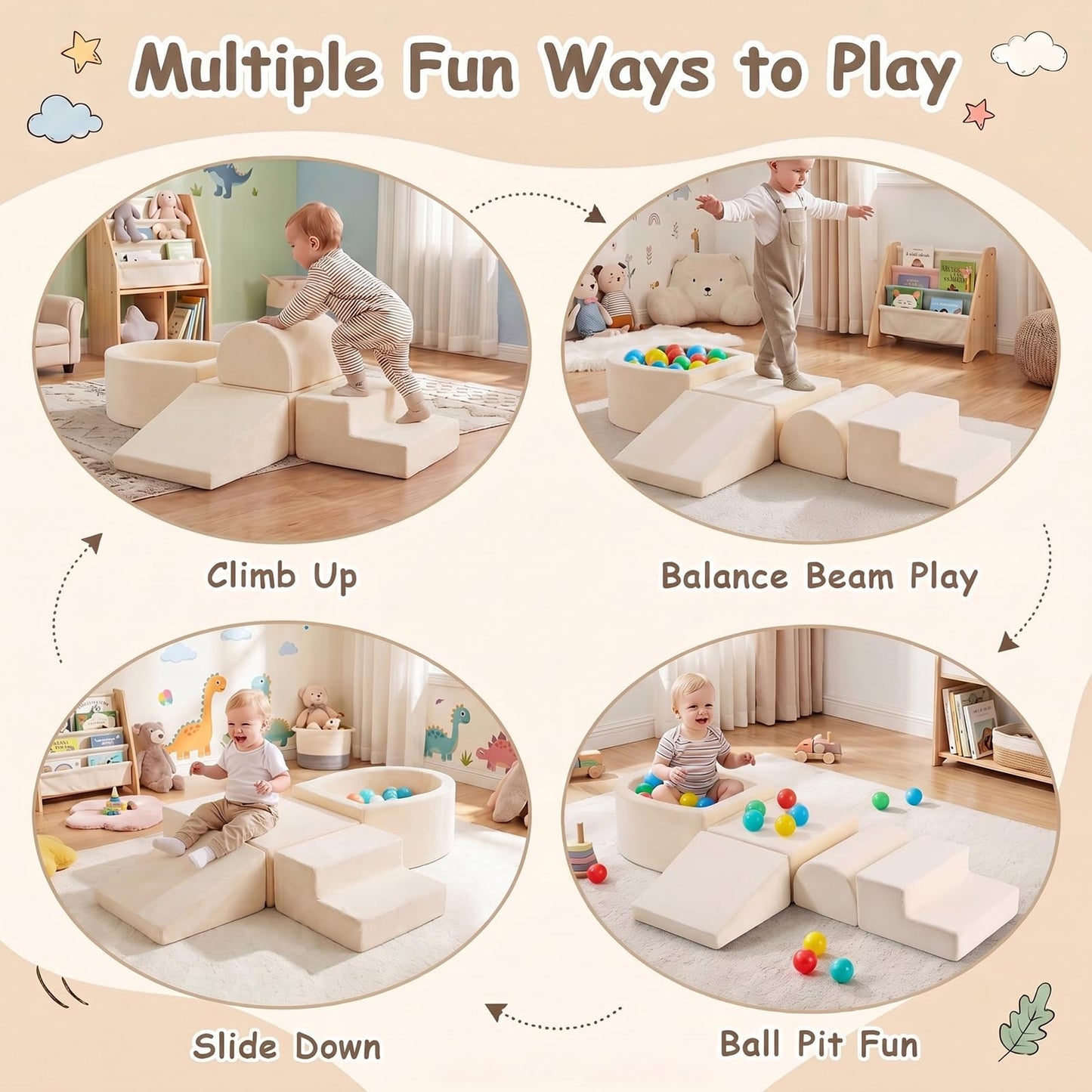 Tiita Foam Climbing Blocks with Small Ball Pit Playground for Baby, Climb and Crawl Playset 5-Piece - Indoor Soft Play Climber for Playtime Fun, Beige