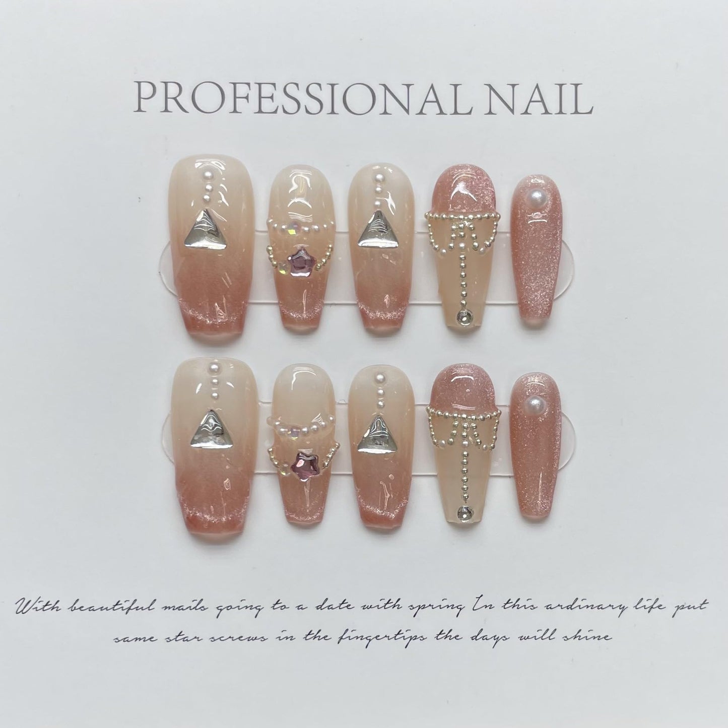 NLSJMP, 10Pcs,Size M, Handmade Long Press on Nails Ombre Balerina Acrylic Fake Nails Kit,3D Glitter Pearl Design Nail Art Kit,Reusable False nails,Include Toolkit,Elegent