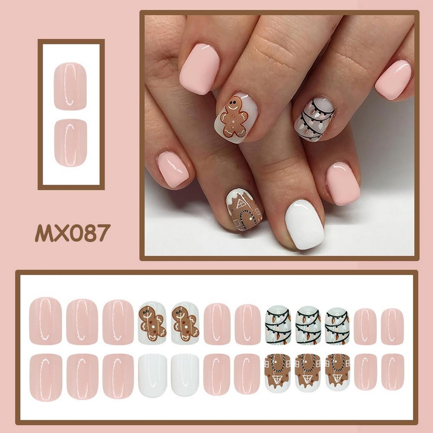 Christmas Press on Nails Short Square Gingerbread Man Fake Nails，Cute White Pink Xmas Gingerbread Snowhouse Lantern Acrylic Nails Glue on Glossy Artificial Nail for Women 24 Pcs