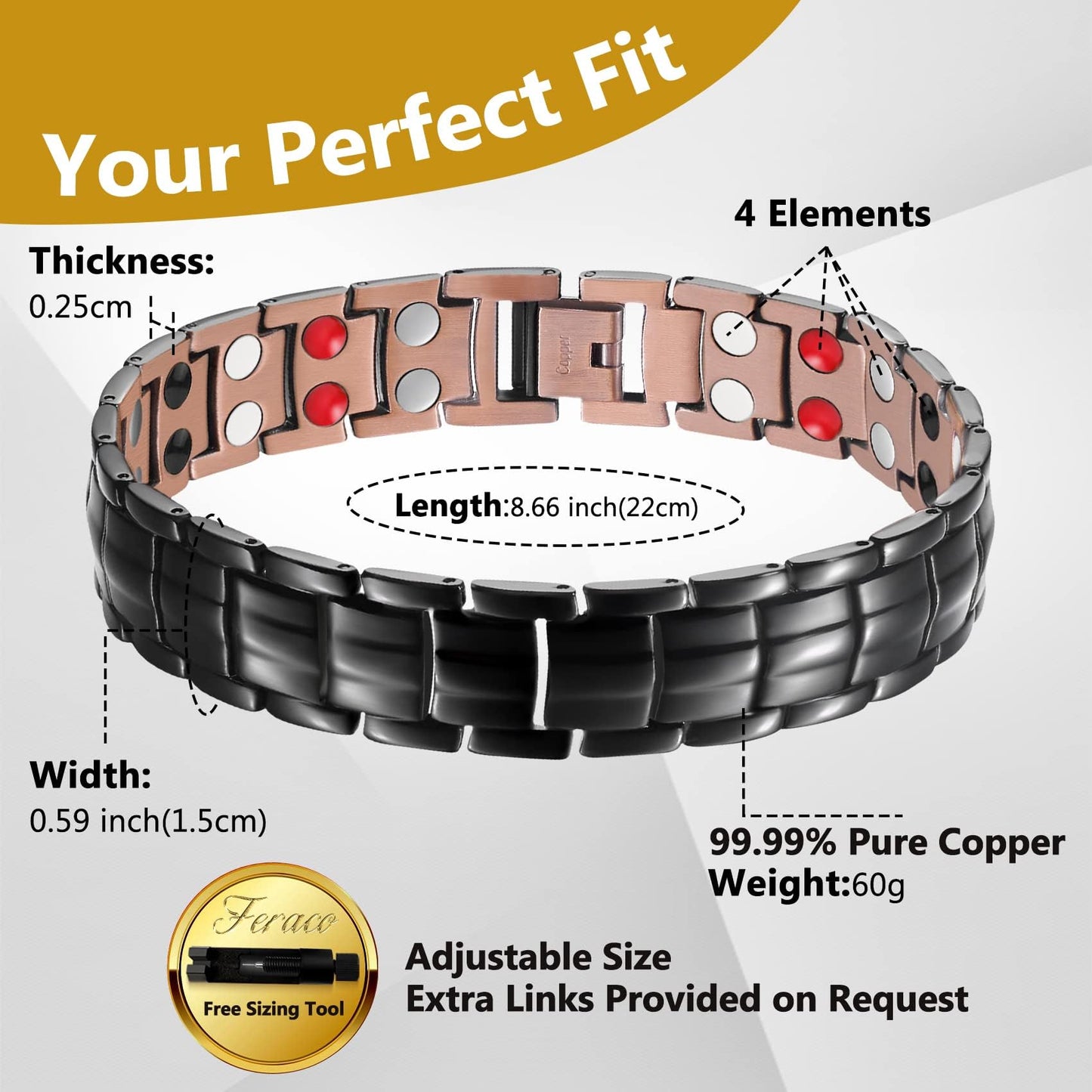 Feraco Copper Magnetic Bracelet for Men,99.99% Cooper Jewelry Bracelets with 4 Elements Magnets for Anniversary Father's Day (Black)