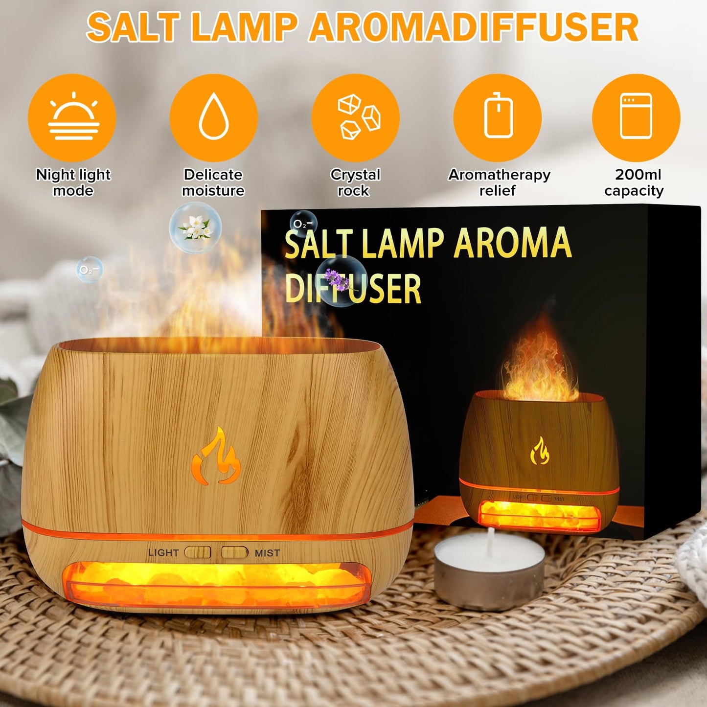 3-in-1 Ultrasonic Essential Oil Diffuser & Himalayan Salt Lamp Diffuser & 7 Colors Changing Oil Diffuser,100% Pure Himalayan Pink Salt Rock, Waterless Auto off-200ml (Wooden Grain)