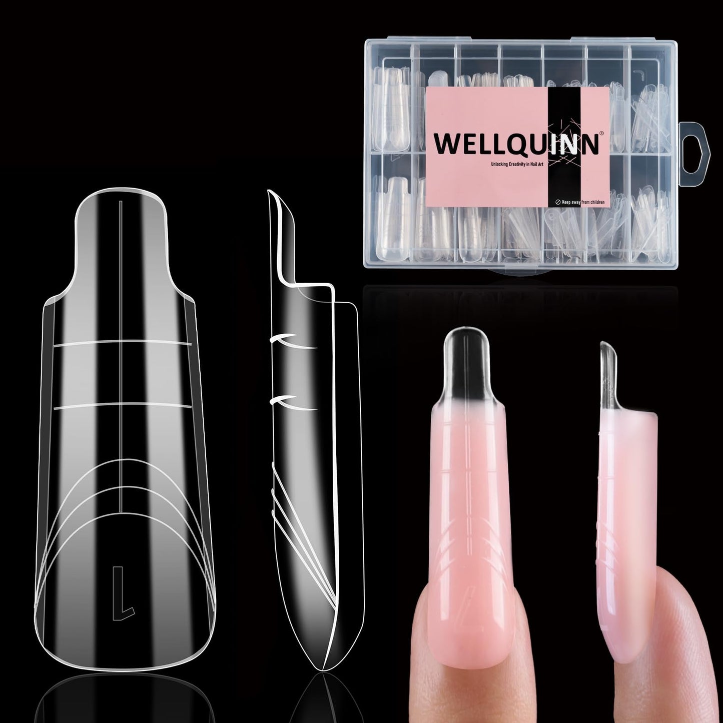Wellquinn Square (Sculpted) Poly Gel Dual Nail Forms, Medium Long Reusable Full Cover Acrylic Builder Solid Hard Gel Polygel Extension Nail Molds 14 Sizes 140 Pcs, Set for Salon & DIY