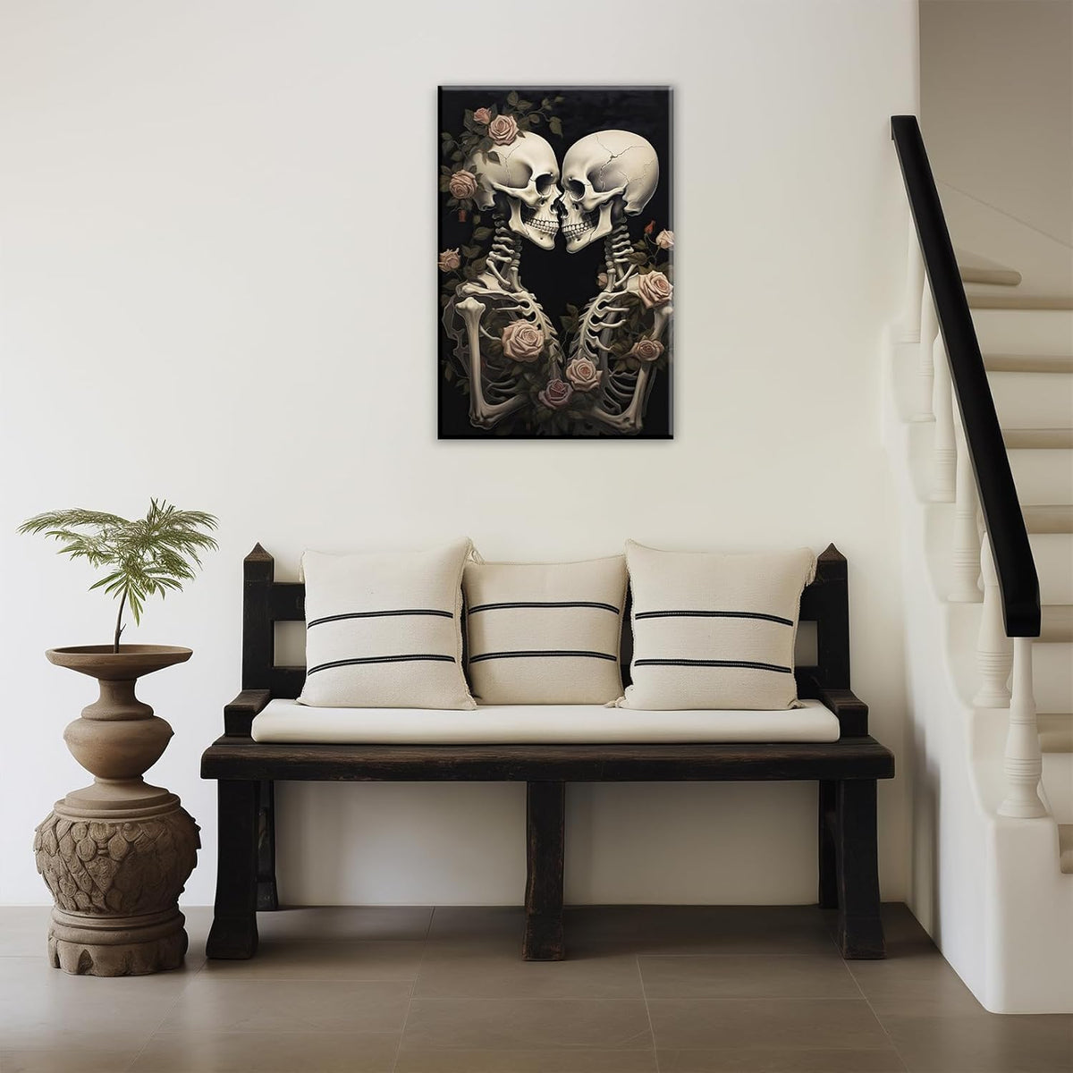 OAAPITI Vintage Skeleton Canvas Wall Art Gothic Painting Artwork Retro Rose Skull Art Poster Abstract Romantic Theme Picture Halloween Living Room Decor(Artwork-4,28"x42")