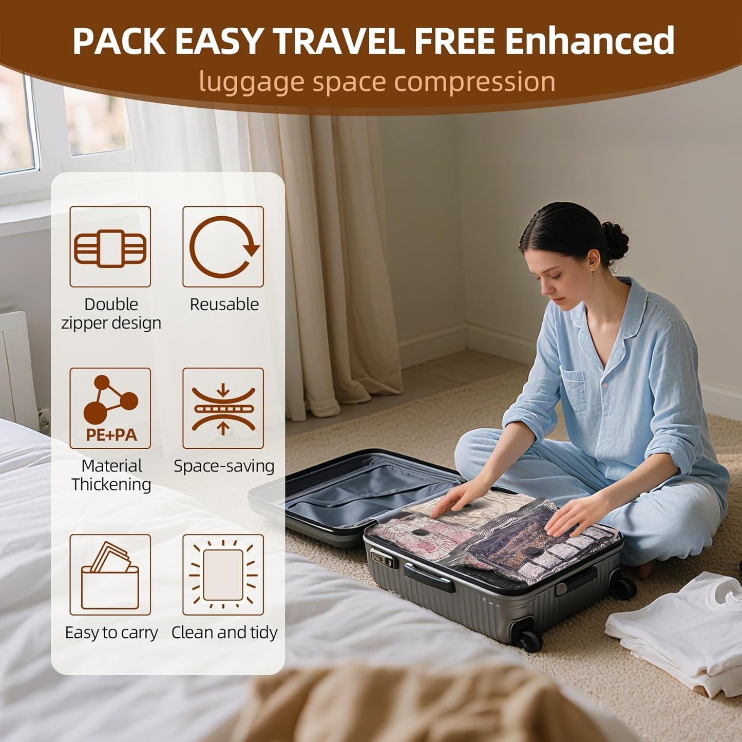 VACKFOX 15 Pack Vacuum Compression Bags for Travel, Carry-on Size Seal Packing Cubes for Luggage,Vacuum Storage Bags, Space Saver for Clothes 80% for Travel & Home(No pump)